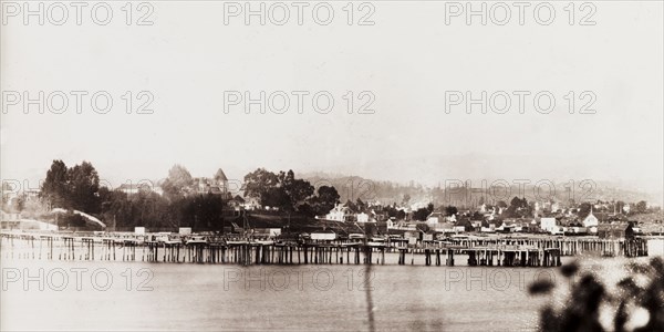 Wharfs at Santa Cruz. View of the wooden Potato Wharf and Railroad Wharf at Santa Cruz. Santa Cruz, California, United States of America, 1902., California, United States of America, North America, North America .