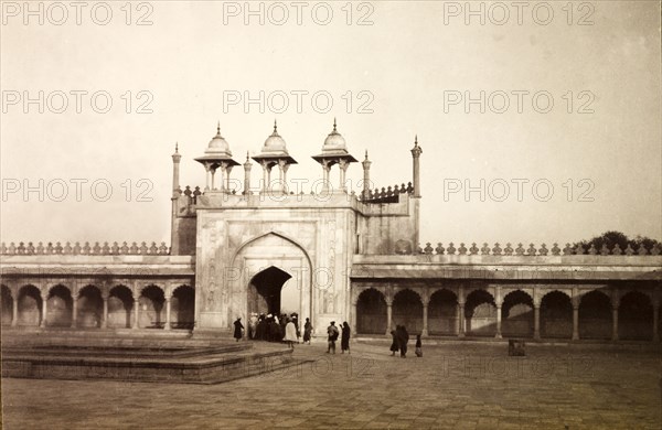 Gateway to Moti Masjid, Agra. View of the arched gateway to the Moti Masjid (Pearl Mosque) at the Agra fort complex. Agra, India, December 1902. Agra, Uttar Pradesh, India, Southern Asia, Asia.