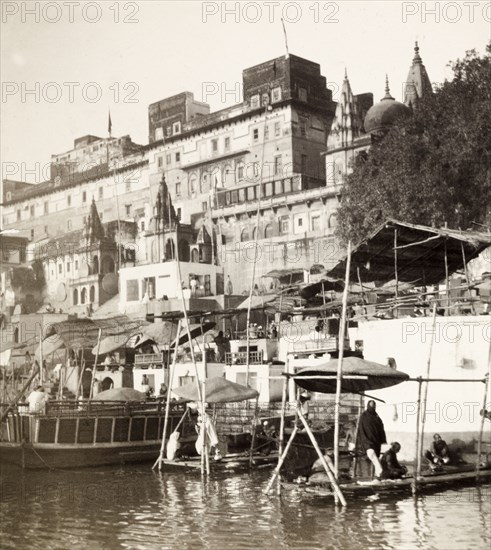 Ghats at Benares. View of a ghat (stepped wharf) on the River Ganges at Benares, one of Hinduism's holiest sites. Benares, United Provinces (Varanasi, Uttar Pradesh), India, December 1902. Varanasi, Uttar Pradesh, India, Southern Asia, Asia.