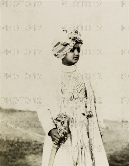 Maharajah of Patiala. Portrait of Bhupinder Singh (1891-1938), Maharajah of Patiala, lavishly dressed for Edward VII's Coronation Durbar. India, circa 1 January 1903. Delhi, Delhi, India, Southern Asia, Asia.