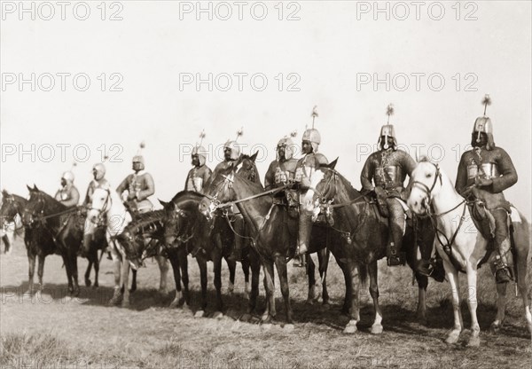 Cavalry regiment at Coronation Durbar, 1903. An Indian cavalry regiment at the Coronation Durbar, lined up and dressed in chainmail suits and metal helmets. Delhi, India, circa 1 January 1903. Delhi, Delhi, India, Southern Asia, Asia.