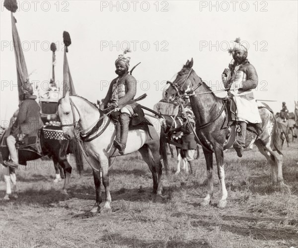 Irregular cavalry at Coronation Durbar, 1903. Mounted soldiers of an Indian irregular cavalry unit during a procession at the Coronation Durbar. Delhi, India, circa 1 January 1903. Delhi, Delhi, India, Southern Asia, Asia.