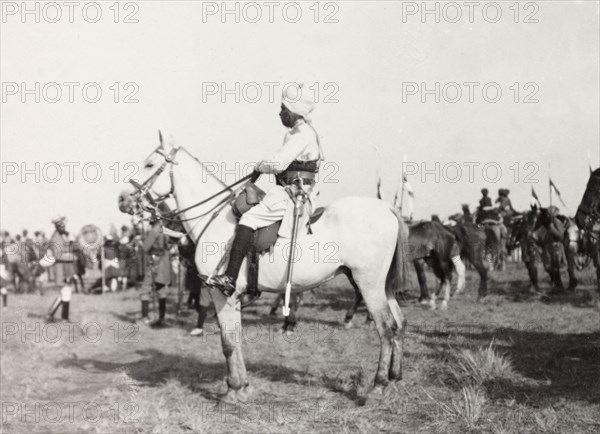 Indian dignitary at Coronation Durbar, 1903. Profile shot of an Indian dignitary mounted on horseback at Edward VII's Coronation Durbar. Delhi, India, circa 1 January 1903. Delhi, Delhi, India, Southern Asia, Asia.