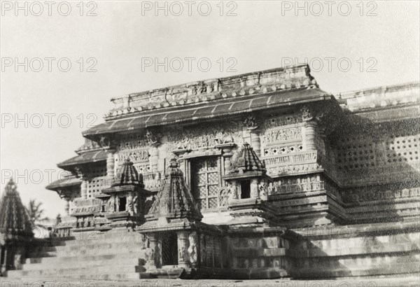 facade of Chennakesava Temple. View of the ornately carved facade of Chennakesava Temple, a 12th century Vaishnava temple built by King Vishnuvardhana of the Hoysala dynasty. Belur, Mysore State (Karnataka), India, circa 1937., Karnataka, India, Southern Asia, Asia.