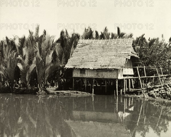 Stilted building near a palm oil plantation. A stilted building projects from a shallow river near a palm oil plantation. Makassar, Celebes (Sulawesi), Indonesia, 1940. Makassar, Sulawesi, Indonesia, South East Asia, Asia.
