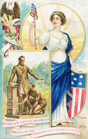Postcard commemorating US Emancipation. A colourful postcard commemorates the Emancipation Proclamation of the United States of America, issued in 1862 by President Abraham Lincoln. The illustration depicts a bronze statue of Lincoln delivering the Proclamation to a kneeling African slave, and patriotic symbols including Lady Liberty, the Great Seal and the Stars and Stripes emblem. United States of America, 1908. United States of America, North America, North America .