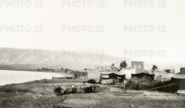 Tents at the Arab village of Samakh. Several bedouin tents are pitched on the outskirts of the Arab village of Samakh, located on the shores of Lake Tiberias. This was one of many Arab villages that would later be depopulated during the 1948 Arab-Israeli War. Samakh, British Mandate of Palestine (Israel), circa 1938. Samakh, North (Israel), Israel, Middle East, Asia.