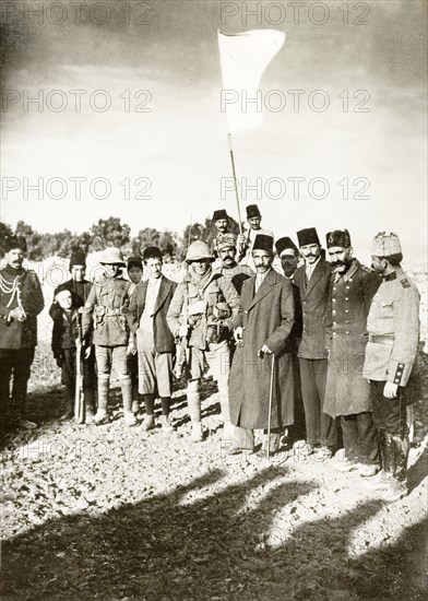 Under a white flag. Salim al-Husseini (5th from right with stick), Mayor of Jerusalem, surrenders to the British on December 9, 1917, Israel, Middle East, Asia.