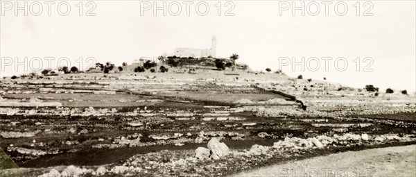 The mosque at Nabi Samwil. A mosque with a prominent minaret stands on a hilltop in the village of Nabi Samwil. Nabi Samwil, (West Bank, Middle East), 1941. Nabi Samwil, West Bank, West Bank (Palestine), Middle East, Asia.