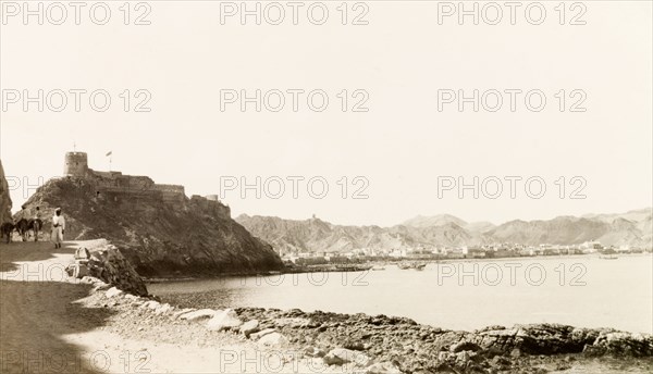 Mutrah Fort, Oman. Mutrah Fort, built by the Portuguese in the late 16th century, sits atop a hill, dominating Mutrah Bay in the Gulf of Oman. Mutrah (Matrah), Oman, December 1941. Matrah, Muscat, Oman, Middle East, Asia.