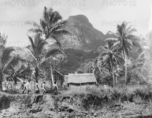 Returning home, Fiji. A line of people return home to their traditional Fijian 'bures' (dwellings), which are set against a rural backdrop of mountains and palm trees. Fiji, 1965. Fiji, Pacific Ocean, Oceania.