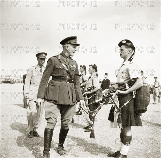 Lord Gort inspects the Royal Scots Dragoon Guards. Lord Gort, the newly appointed High Commissioner of Palestine and Transjordan, inspects a line up of Royal Scots Dragoon Guards. Probably Jerusalem, British Mandate of Palestine (Israel), 31 October 1944. Jerusalem, Jerusalem, Israel, Middle East, Asia.