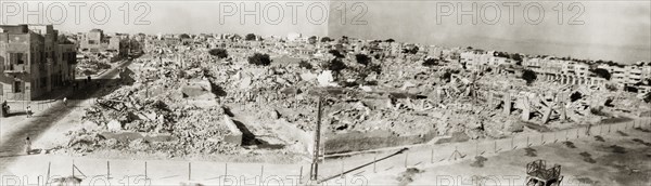 Bomb damage in the Musrara Quarter. The remains of a residential block in the Musrara Quarter, destroyed by mortar bombs during the 1948 Arab-Israeli War. Jerusalem, British Mandate of Palestine (Israel), 1949. Jerusalem, Jerusalem, Israel, Middle East, Asia.