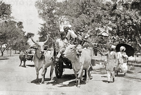 Ox-drawn cart in Delhi. Three men struggle to keep their balance on an ox-drawn cart heavily laden with camp kit leaving the Police Training School, Moradabad, United Provinces (Uttar Pradesh), India, February 1934. Delhi, Delhi, India, Southern Asia, Asia.
