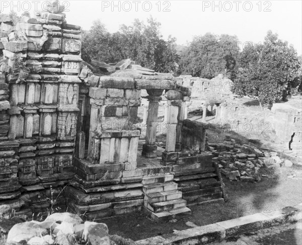 Ruined temple, Shankargarh. An ancient stone temple lies in ruins. Shankargarh near Allahabad, United Provinces (Uttar Pradesh), India, January 1936. Allahabad, Uttar Pradesh, India, Southern Asia, Asia.