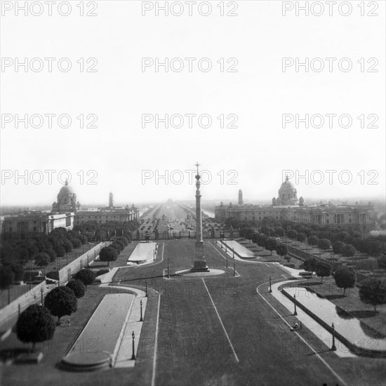 Jaipur Column on the Rajpath. View of the Jaipur Column on the Rajpath, taken from the top of the Viceroy's House (Rashtrapati Bhavan). This ceremonial avenue stretches for two and a half kilometres, linking the Rashtrapati Bhavan, Vijay Chowk (Victory Square), the India Gate and the National Stadium. New Delhi, India, December 1939. Delhi, Delhi, India, Southern Asia, Asia.