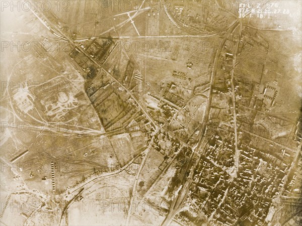 Aerial view of Bapaume, January 1918. One of a series of British aerial reconnaissance photographs recording the positions of trenches on the Western Front during the First World War. A British military camp, based in the bomb-damaged village of Bapaume. This photograph was taken shortly before the village was captured by the Germans during the Spring Offensive of April 1918. Bapaume, Nord-Pas de Calais or Picardie, France, 30 January 1918. Bapaume, Nord-Pas de Calais, France, Western Europe, Europe .