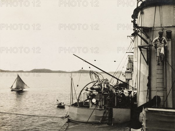 HMS Dauntless entering Siparia. View taken from the deck of HMS Dauntless as it entered the harbour at Siparia. Siparia, Trinidad, circa 1931. Siparia, Trinidad and Tobago, Trinidad and Tobago, Caribbean, North America .