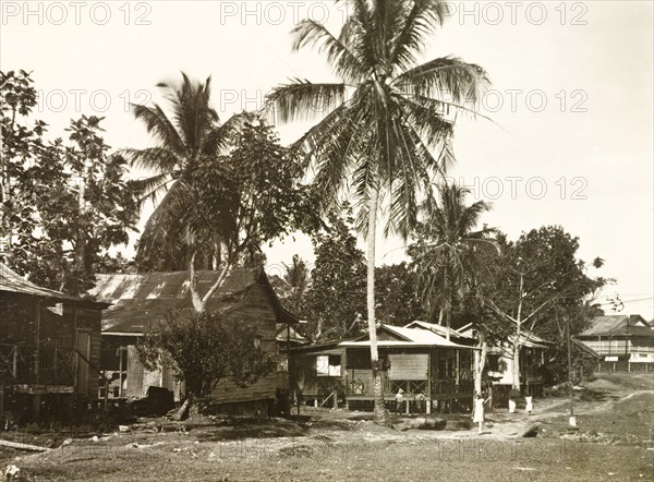 Stilted houses in Limon. Wooden houses on stilts stand beside the road in a residential area of Limon. Limon, Costa Rica, circa 1931. Limon, Limon, Costa Rica, Central America, North America .