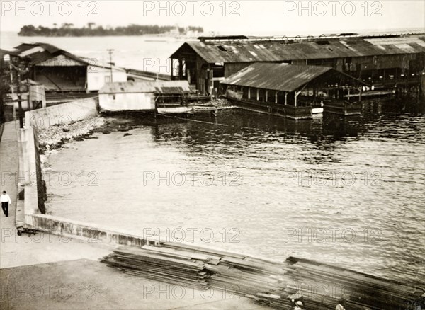 Limon harbour, circa 1931. View of the harbour and pier at Limon. Limon, Costa Rica, circa 1931. Limon, Limon, Costa Rica, Central America, North America .