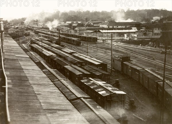 Railway yard near Limon. Freight trains crowd sidings at a railway yard near Limon. Limon, Costa Rica, circa 1931. Limon, Limon, Costa Rica, Central America, North America .