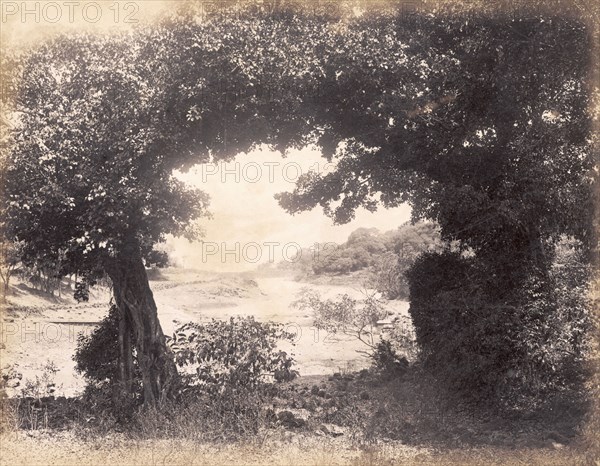 Charlotte Lake, Matheran. View through a natural arch of trees looking towards Charlotte Lake, the only source of water for the hill station of Matheran. Matheran, Maharashtra, India, circa 1883. Matheran, Maharashtra, India, Southern Asia, Asia.