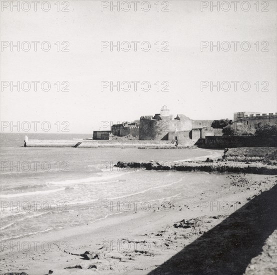 The old fort on Diu Island. View of the old fort on Diu Island, built by the Portuguese during the mid 16th century. Diu Island, Daman and Diu, India, circa 1937. Diu, Daman and Diu, India, Southern Asia, Asia.