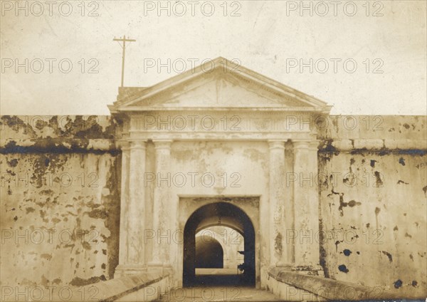 Entrance to Fort San Felipe del Morro. The entrance to Fort San Felipe del Morro, a sixteenth century citadel that lies on the northwestern-most point of the islet of San Juan. San Juan, Puerto Rico, circa 1906. San Juan, Puerto Rico, Puerto Rico, Caribbean, North America .