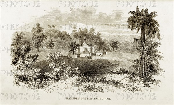 Hampden Presbyterian Church, Jamaica. A woodcut illustration of Hampden Presbyterian Church on the northern border of Queen's Vale, taken from Reverend George Blythe's autobiography entitled 'Reminiscences of Missionary Life' (published in 1851). Blythe served as a pastor here when the church opened on 22 June 1828. Hampden, Trelawney, Jamaica, circa 1850. Hampden, Trelawny, Jamaica, Caribbean, North America .