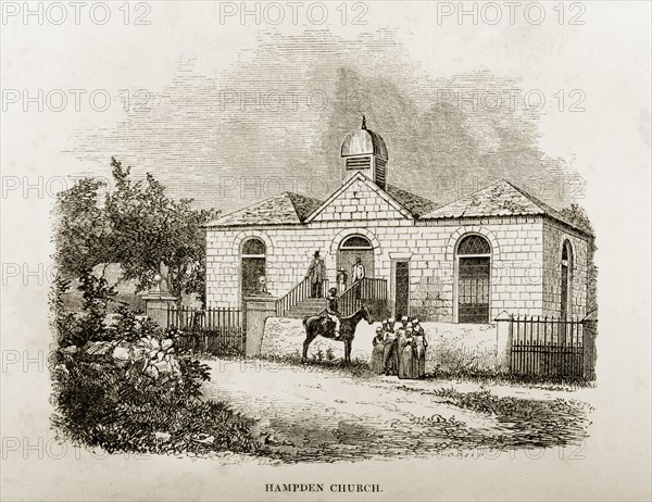 Hampden Presbyterian Church, Jamaica. A woodcut illustration of Hampden Presbyterian Church on the northern border of Queen's Vale, taken from Reverend George Blythe's autobiography entitled 'Reminiscences of Missionary Life' (published in 1851). Blythe served as a pastor here when the church opened on 22 June 1828. Hampden, Trelawney, Jamaica, circa 1850. Hampden, Trelawny, Jamaica, Caribbean, North America .