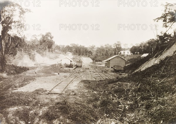 Siparia railway station, Trinidad. View looking northeast along the extended Siparia railway line to the construction of Siparia railway station, built by Trinidad Government Railways. Siparia, Trinidad, 3 April 1914. Siparia, Trinidad and Tobago, Trinidad and Tobago, Caribbean, North America .