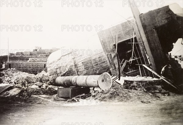 Collapsed railway buildings at Ras el Ain. Collapsed railway buildings at Ras-el-Ain, sabotaged by Palestinian Arab dissidents during the Great Uprising (1936-39). Ras el Ain, British Mandate of Palestine (Israel), circa 1938. Israel, Middle East, Asia.