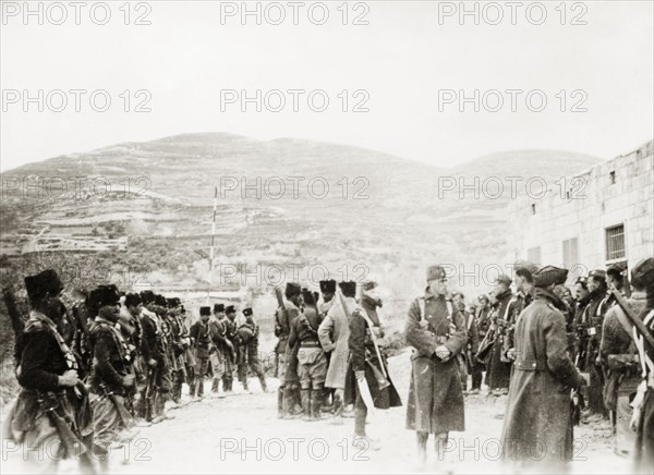 Border checkpoint in Arabah. Armed Arab police officers guard a border checkpoint in the region of Arabah during the Great Uprising (1936-39). Arabah, British Mandate of Palestine-Transjordan (Israel-Jordan), circa 1938. Israel, Middle East, Asia.