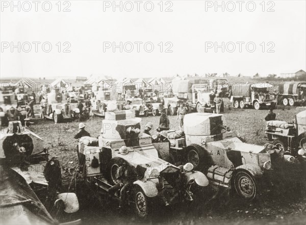 Armoured vehicles at a British Army camp . A variety of armoured vehicles, included several converted motorcars, stand in lines at a British Army military camp. During the period of the Great Uprising (1936-39), an additional 20,000 British troops were deployed to Palestine in an attempt to clamp down on Arab dissidence. British Mandate of Palestine (Middle East), circa 1938., Middle East, Asia.