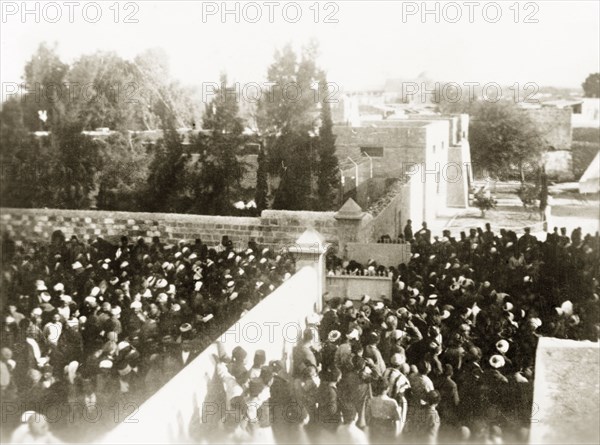 Arab procession in Gaza, 1938. Crowds of Palestinian Arabs throng the streets of Gaza during the Great Uprising (1936-39). Gaza, British Mandate of Palestine (Gaza Strip, Middle East), circa 1938. Gaza, Gaza Strip, Gaza Strip (Palestine), Middle East, Asia.