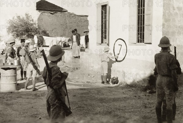 Royal Engineers mark a house for demolition. British soldiers of the Royal Engineers mark a Palestinian house for demolition, a measure taken to clamp down on Arab dissidence during the Great Uprising (1936-39). British Mandate of Palestine (Middle East), circa 1938., Middle East, Asia.