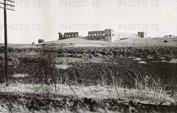 Roman ruins near Ras el Ain. The ruins of a Roman castle near Ras el Ain, taken during the Great Uprising revolt (1936-39). British Mandate of Palestine (Israel), circa 1938. Israel, Middle East, Asia.