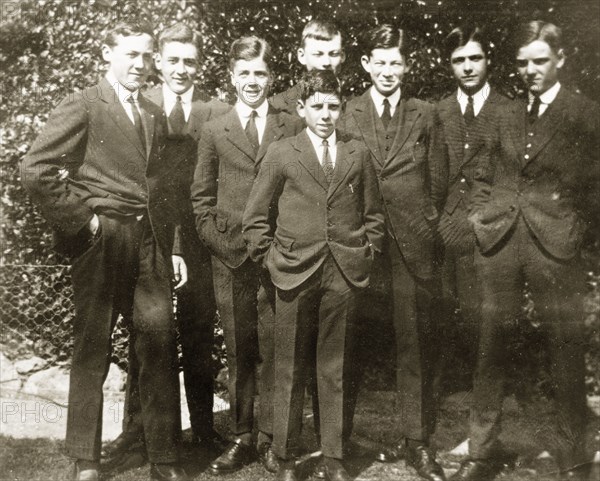 Eastbourne College students. Young male students from Eastbourne College pose for a group portrait in their school uniforms. Eastbourne, England, circa 1924. Eastbourne, Sussex, England (United Kingdom), Western Europe, Europe .