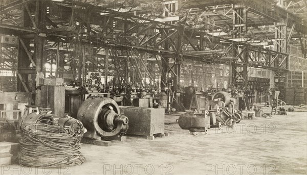 Industrial workshop in garden Reach. The interior of an industrial workshop in the suburb of Garden Reach. Calcutta (Kolkata), India, circa 1925. Kolkata, West Bengal, India, Southern Asia, Asia.