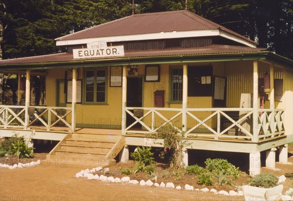 Equator railway station. Exterior shot of the brightly painted Equator station in the Kenya highlands. West Kenya, April 1964., West (Kenya), Kenya, Eastern Africa, Africa.