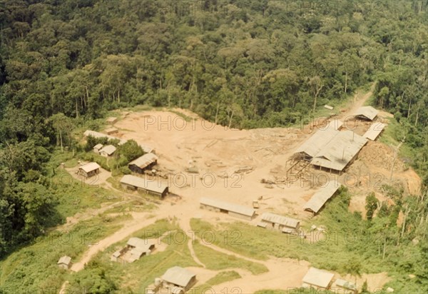Aerial view of Kalinzu sawmill. Aerial view of a sawmill in Kalinzu Forest. A related caption comments: "Mills were almost exclusively Indian, largely Sikh run, and manned by local people". Ankole, South West Uganda, 1964., West (Uganda), Uganda, Eastern Africa, Africa.