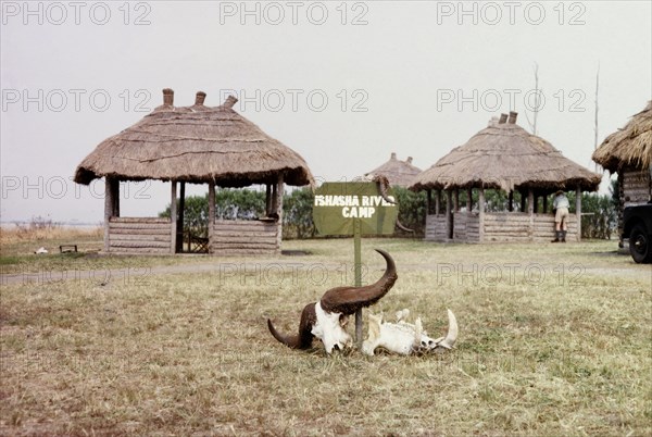 Entrance to Ishasha River Camp. A sign decorated with buffalo and hippo skulls marks the entrance to Ishasha River Camp in the Queen Elizabeth National Park. A related caption comments: We slept in the huts on the right - none too soundly as the lions roared and hippo would come right into the camp and rub their backsides on the palm pole walls, twanging the wire washing line that ran between the huts". West Uganda, July 1962., West (Uganda), Uganda, Eastern Africa, Africa.