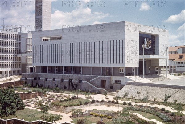 The Legislative Council building, Kampala. The new Legislative Council building in Kampala, a modern concrete structure flanked by landscaped gardens. Kampala, Uganda. 1960. Kampala, Central (Uganda), Uganda, Eastern Africa, Africa.