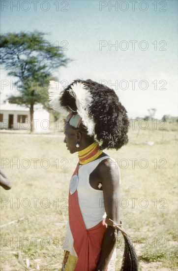 Karamojong dancer with headdress. Profile portrait of a Karamojong dancer at the Nabilatuk County Show, wearing an elaborately feathered headdress. Nabilatuk, North East Uganda, October 1959., East (Uganda), Uganda, Eastern Africa, Africa.
