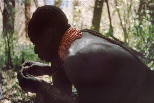Rescuing a broken necklace. A Karamojong porter working with a British forestry survey team rescues his broken necklace by storing beads in his mouth. North East Uganda, March 1959., North (Uganda), Uganda, Eastern Africa, Africa.