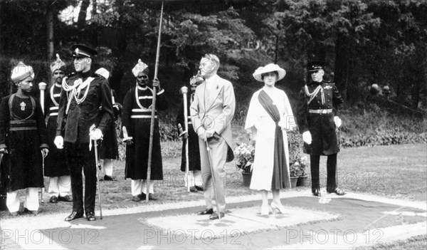 Sir Maurice and Lady Hallett's Garden Party. Sir Maurice Hallett, Governor of United Provinces and Lady Hallett about to receive guests at the Garden Party at Governement House. On the left is George Boon ADC and on the right is Major J Smyth, Military Secretary to the Governor. United Provinces (Uttar Pradesh), India, 1 June 1940 Naini Tal, Uttaranchal, India, Southern Asia, Asia.