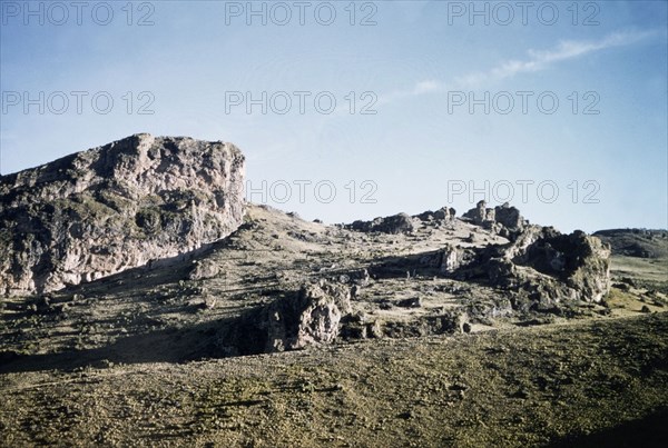 Inside the crater of Mount Elgon. A rock formation inside the crater of Mount Elgon. East Uganda, 26 December 1955., East (Uganda), Uganda, Eastern Africa, Africa.