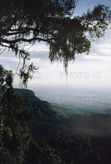 Descent from Mount Elgon. View south west from the lower slopes of Mount Elgon. An original caption comments: "Every opportunity was taken to climb the mountains of East Africa. This was an expedition at Christmas 1955 with George Webb, (Assistant District Officer of) Kakamega. We took no porters, but George carried a rifle because of the (perceived) threat of Mau Mau on the mountain". East Uganda, 26 December 1955., East (Uganda), Uganda, Eastern Africa, Africa.