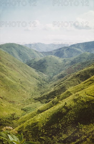 Rwenzori foothills'. A green valley in the Rwenzori (Ruwenzori) foothills. West Uganda, 1957., West (Uganda), Uganda, Eastern Africa, Africa.