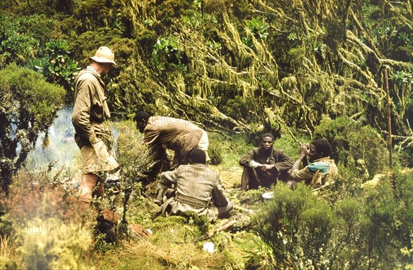 Breakfast in the Rwenzori Mountains. African porters with a British forestry survey team sit around a camp fire for breakfast in the Rwenzori (Ruwenzori) Mountains. The man standing to the left is David Pasteur, a District Officer of the Overseas Civil Service. West Uganda, 1957., East (Uganda), Uganda, Eastern Africa, Africa.